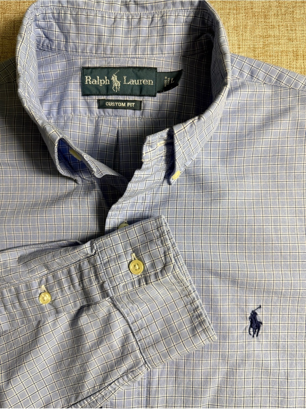 Ralph Lauren Men’s Large Custom Fit Blue Plaid Check Button Down Shirt
